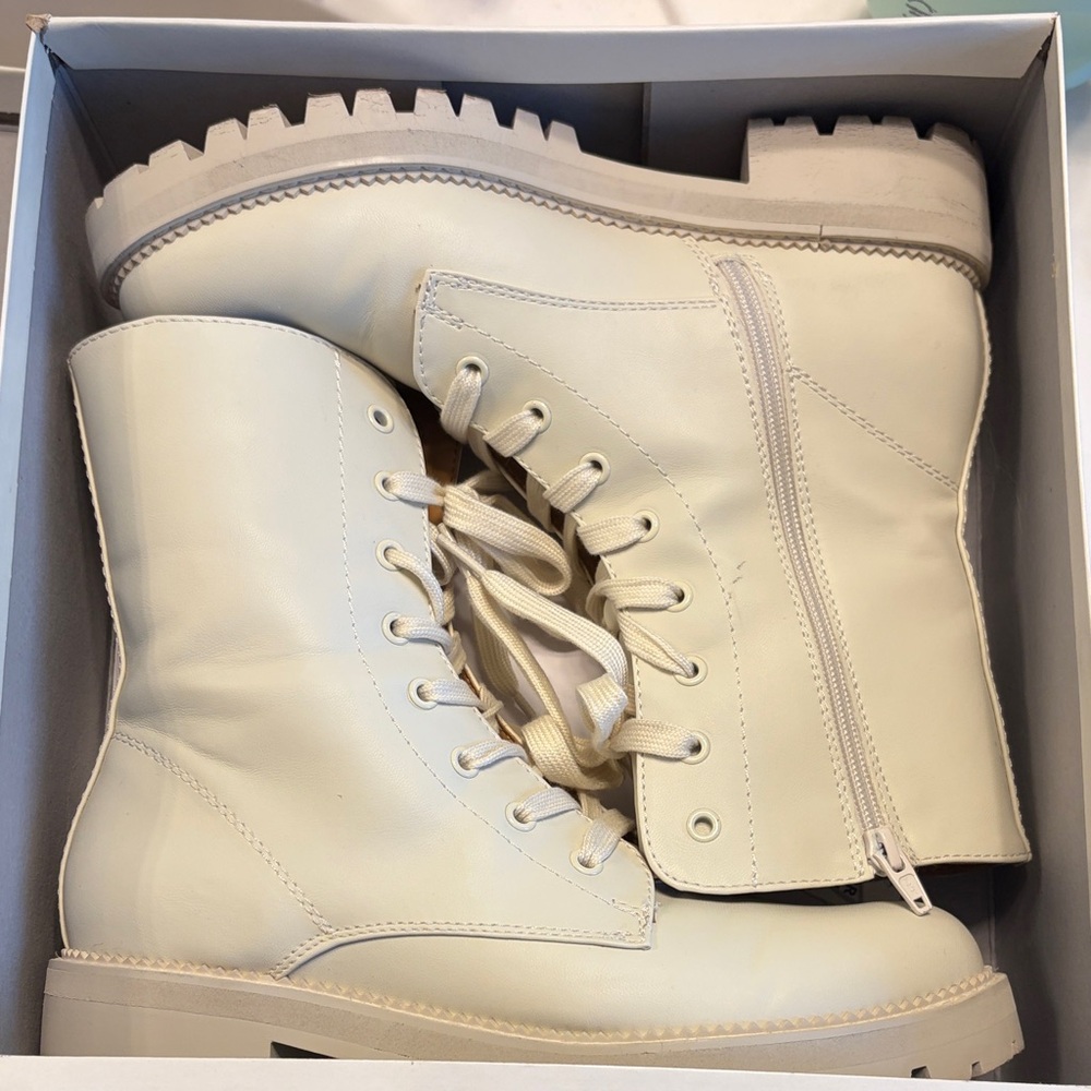 a new day Cream Lace-Up Combat Boots with Side Zipper